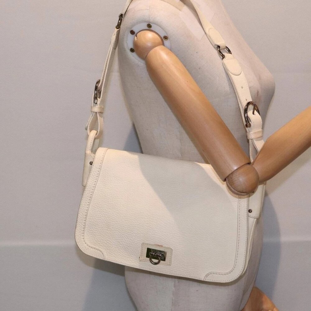 Salvatore Ferragamo Gancini Shoulder Bag Leather Cream Silver Auth